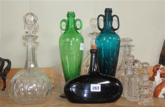 Quantity of glass decanters incl. two coloured glass examples